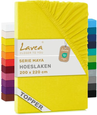 Lavea® Hoeslaken voor Topper/Topmatras 200x220 cm – 100% Katoen Jersey – Geschikt voor Topmatrassen tot 10 cm – Met Elastiek Rondom – OEKO-TEX Gecertificeerd – Zonnegeel
