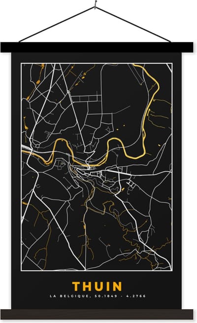 Posterhanger incl. Poster 40x60 cm - Schoolplaat - Goud - Thuin - Stadskaart - Kaart - Plattegrond - Textielposter - Zwarte latten - Stadskaart