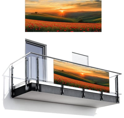 Balkonscherm 300x120 cm - Balkonposter Klaprozen - Bloemen - Heuvels - Zonsondergang - Balkon scherm decoratie - Balkonschermen - Balkondoek zonnescherm