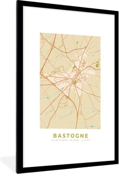 Fotolijst incl. Poster - Stadskaart - Kaart - Bastenaken - Vintage - Plattegrond - 60x90 cm - Posterlijst