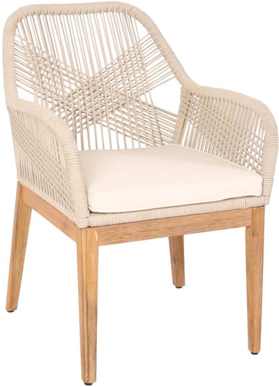 Tuinstoel MCW-H56b, armleunstoel buitenstoel armleuning, weerbestendig touwvlechtwerk Touwhout acacia ~ beige kussen crème-wit