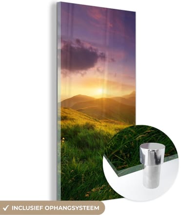 MuchoWow® Glasschilderij 20x40 cm - Schilderij acrylglas - Bergen - Zon - Natuur - Foto op glas - Schilderijen