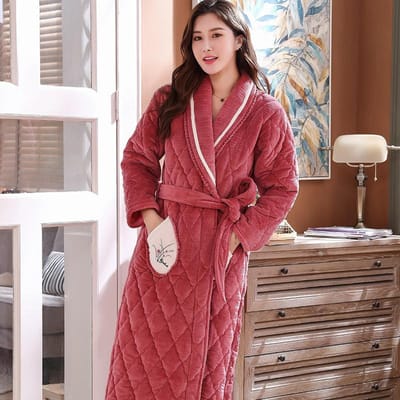 Dames Winter Lange Verdikte Warme Gewatteerde Badjas Grote Maat Flanel Zwangerschapsbadjas Dames Koraalfluweel Badjas 3XL
