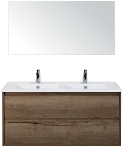 Porto Badmeubelset 120 cm - 2 Laden Tabacco - Keramische Wastafel Wit Slim met Spiegel