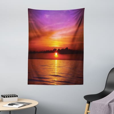 ABAKUHAUS Wandtapijt en Sprei met Oceaanmotief, Kleurrijke Strandzonsondergang, 110 x 150 cm, Paars