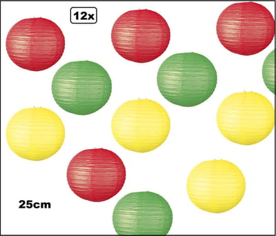 12x Lampion rood/geel/groen 25cm - Carnaval thema feest party optocht fun festival
