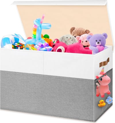 Grote speelgoeddoos, opvouwbare stevige opbergkist met deksels, kinderspeelgoed borst opslag organizer peuter vuilnisbakken voor woonkamer, slaapkamer, kinderkamer, 63,5 x 33 x 40,6 cm, wit en