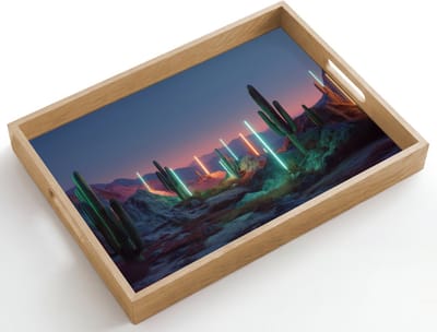 Dienblad hout 50x35 cm - Schootdienblad - Cactus - Lichtzuilen - Zonsondergang - Borrelplank rechthoek - Plateau dienbladen