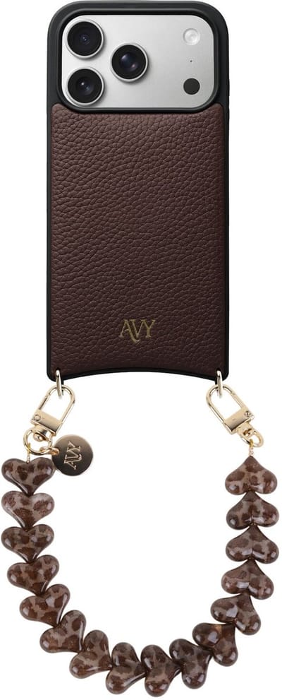 AVY Leren Hoesje Geschikt voor Apple iPhone 17 Pro | Compatibel met MagSafe | Leather Case met Telefoonkoord | Polsband | Chocolate | Cupid Leopard
