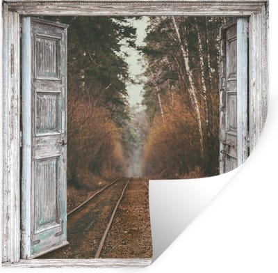 Muurstickers - Sticker Folie - Treinrails - Herfst - Doorkijk - Bos - 100x100 cm - Plakfolie - Muurstickers Kinderkamer - Zelfklevend Behang XXL - Zelfklevend behangpapier - Stickerfolie
