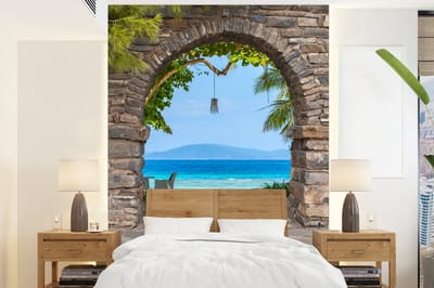 Behang - Fotobehang Strand - Zee - Tropisch - Zomer - Doorkijk - Breedte 165 cm x hoogte 220 cm
