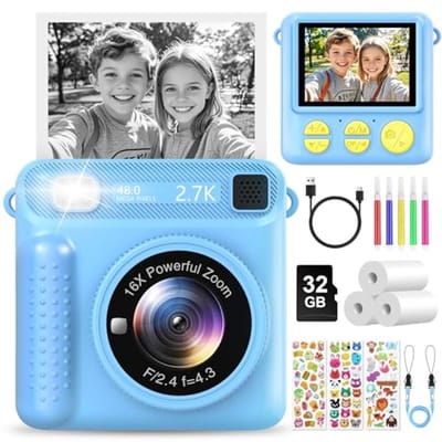 LUVTOY Instant camera voor kinderen, 1080p, 2,4 inch scherm, kindercamera met 32G-kaart en printpapier, kinderspeelgoed, verjaardag, Kerstmis, cadeaus voor jongens en meisjes van 3-12 jaar