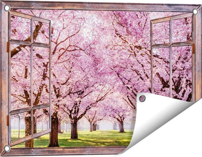 Gards Tuinposter Doorkijk Roze Bloesembomen Park - Bloemen - 60x40 cm - Tuindoek - Tuindecoratie - Wanddecoratie buiten - Tuinschilderij