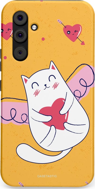Casetastic Hoesje Geschikt voor Samsung A54 (5G) - Stijlvolle Beschermende Duo-layer Case - Kattenflirt Geel Rode Hartjes Liefde