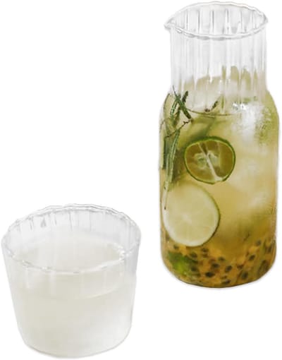 Glazen waterkruik met glas, vintage ribbel design, transparant, 15 cm