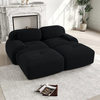 BLACKCOLORS 2-zitsbank van corduroy, modulair te combineren met een chaise longue, antislip, ergonomische armleuningen en zeer elastische vulling voor de woonkamer en slaapkamer, zwart