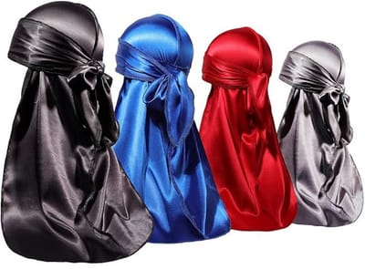 Durag Set van 4 Stuks - Hoofddeksel - Wave Cap - Hoofddoek - Universeel - Set van 4 Kleuren: Zwart, Blauw, Rood & Zilver