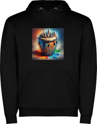Zwarte unisex hoodie met “ Kleurrijke Bongo drums – Afrikaans – Dansen – Muziek “ Print Full Color Color merk Roly maat S