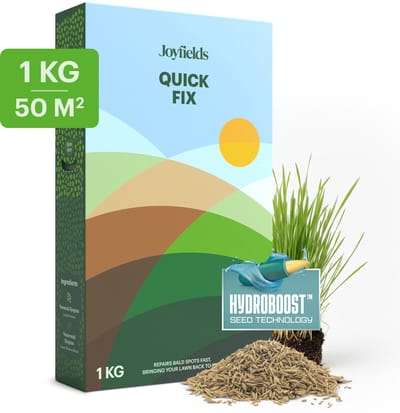 Joyfields Quick Fix - Gazonherstel graszaad - 1 kg voor 50 m² - Kale plekken herstellen - Razendsnelle vestiging - Kiemt al vanaf 6°C - Voorkomt onkruid - Met Hydroboost-coating