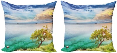 ABAKUHAUS Landschapskussenhoes – Set 2x40x40 cm – Dubbelzijdig – Aqua/Turkoois & Groen