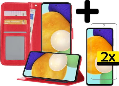 Hoesje - Met 2x Screenprotector - Geschikt voor Samsung Galaxy A52 5G - Luxe Pasjeshouder - Bookcase Portemonee - Flip Case - Kunstleer Book Case - Flipcase Hoes - Book Cover - Walletcase - Portemonneehoes - Telefoonhoesjes - Rood