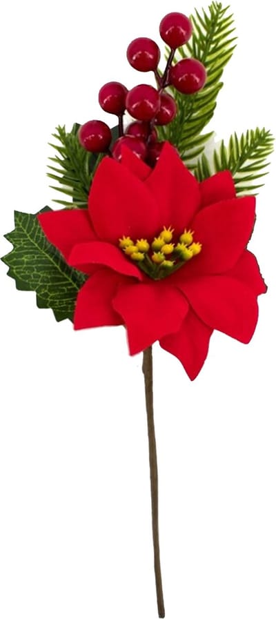 Gerimport Kerststukje stekertje - tak met hulst - bessen - kerstster - groen/rood - 26 cm - dennentak - kunsttak - versieren van kerstkrans/stukjes