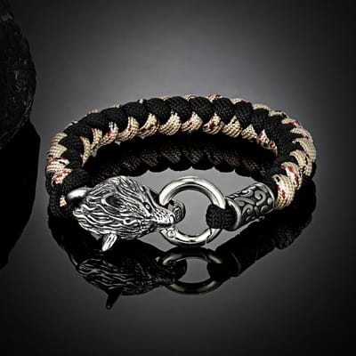 Retro Noorse Odin's Wolf Survival Armbanden Heren Viking Geri&Freki Roestvrijstalen Paracord Touw Armbanden Handgemaakte Outdoor Sieraden 23cm black