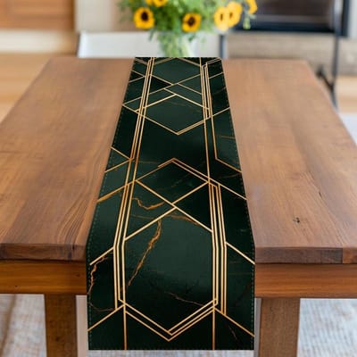 Vintage Geometrische Gouden Lijn Donkergroen Marmeren Patroon Tafel Runner 40x140cm