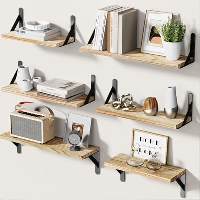 Famanu - Set van 6 houten zwevende wandplanken, rustiek design voor woonkamer, slaapkamer of keuken