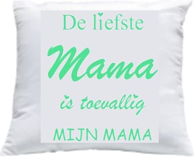 Kussen met vulling Kussenhoes met tekst "De liefste Mama is toevallig mijn mama" bedrukt Cadeau Kado | Wit Effen met Opdruk Mint | 40x40 cm | Moederdag |
