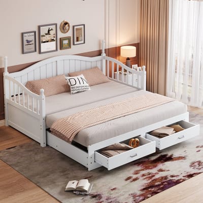Slaapbank - 90/180x190 cm - met Uitschuifbed en Laden - Grenenhout - Wit