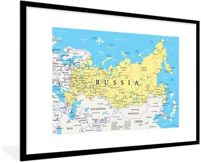 Poster in lijst - Fotolijst 120x80 cm - Posters - Illustratie van een deel van de wereldkaart met Rusland - Posterlijst zwart - Decoratie - Wanddecoratie woonkamer - Muurdecoratie slaapkamer