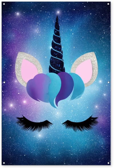 Tuinposter 120x180 cm - Tuindecoratie Eenhoorn - Sterren - Magisch - Blauw - Poster voor in de tuin - Buiten decoratie - Schutting tuinschilderij - Tuindoek muurdecoratie - Wanddecoratie balkondoek