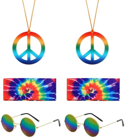 Dailygoods- Hippie Kostuum Set - 6 Stuks - Zonnebloem Hoofdband - Vredesteken Ketting - Ronde Hippie Zonnebril - Kleurrijk Accessoire - Hippie Accessoires