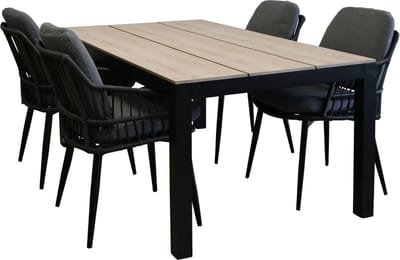 5-delige tuinset | 4 Isabel tuinstoelen (Black) | 180cm Cyprus tuintafel (Wood)
