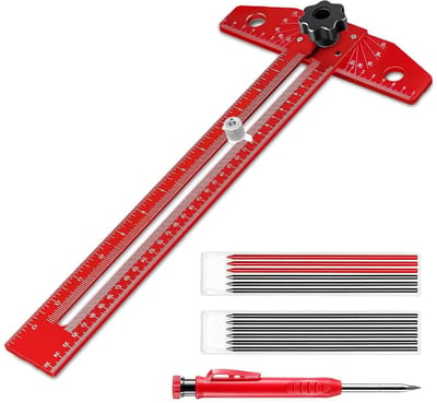 Multifunctionele T-Square Liniaal 350mm voor Houtbewerking, Verstelbare Hoek 0-180 Graden, Inclusief Diepe Gaten, Potlood en 12 Navullingen