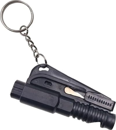 Noodhamer sleutelhanger | Veiligheidshamer | 3 in 1 | Zwart | Auto hamer | Gordelsnijder | Autoruit breker | Noodfluit |