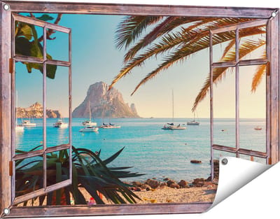Gards Tuinposter Doorkijk Ibiza Cala d'Hort Strand - 90x60 cm - Tuindoek - Tuindecoratie - Wanddecoratie buiten - Tuinschilderij