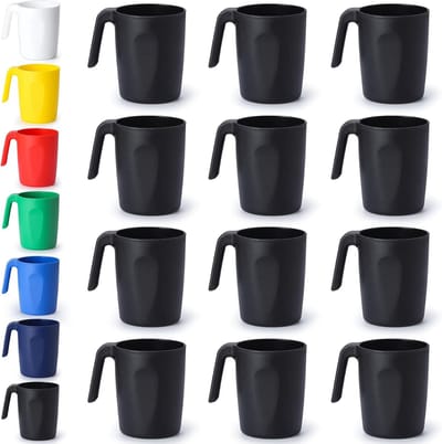 Set van 12 Plastic Mokken - Breukbestendig en Herbruikbaar - Lichtgewicht Reis Koffiemokken, Geschikt voor Magnetron en Vaatwasser, Makkelijk te Reinigen