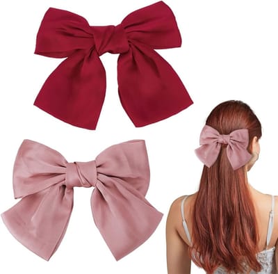 Set van 2 Grote Haarspeldjes voor Vrouwen met Strik, Geschikt voor Meisjes en Diverse Haarstijlen (Roze + Rood)