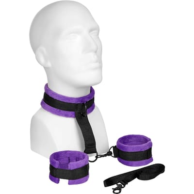Rimba - Soft Bondage Collar Met handboeien En leiband - Zwart/Paars