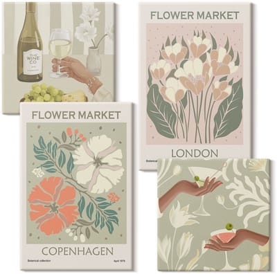 Wallfluent Set van canvas schilderijen - Bloemenposters wijn Kopenhagen Londen Canvas Schilderijen Set - Set van 4 Canvas Schilderijen - Groente Set van Canvas Prints - Natuur Canvas Kunst Set - Boheemse Canvas Kunst Set