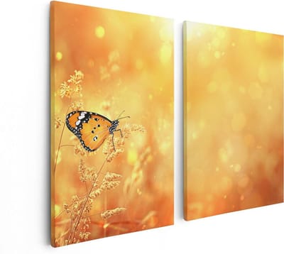 Artaza Canvas Schilderij Tweeluik Oranje Vlinder In Het Oranje Veld - 80x60 - Foto Op Canvas - Canvas Print