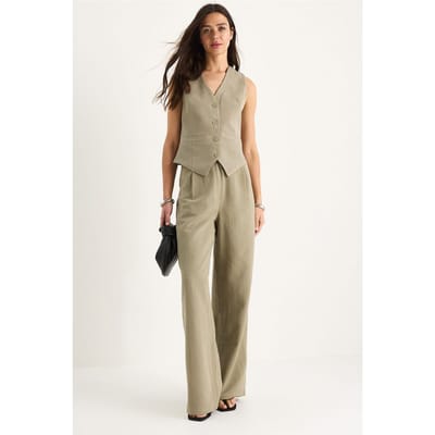 V-hals Vest en Wijde Pantalon Twee-delige Coord Set