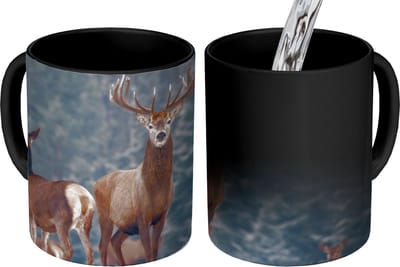 Magische Mok - Foto op Warmte Mokken - Koffiemok - Bosdieren - Hert - Landschap - Winter - Sneeuw - Natuur - Magic Mok - Beker - 350 ML - Theemok