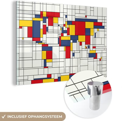 ® Glasschilderij 180x120 cm - Schilderij acrylglas - Wereldkaart - Mondriaan - Kleuren - Kinderen - Jongetje - Meisje - Kids - Foto op glas - Muurdecoratie woonkamer - Wanddecoratie slaapkamer - Schilderijen