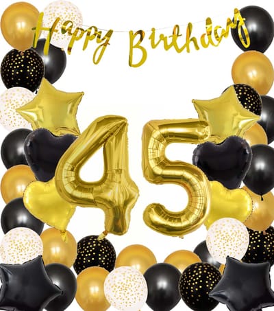 Snoes Ballonnen 45 Jaar Black Gold Dots Mega Ballon - Compleet Feestpakket Goud Zwart Stippen Cijferballon 45 - Verjaardag Versiering DIY Slinger Happy Birthday – Folieballon – Latex Ballonnen - Helium Ballonnen