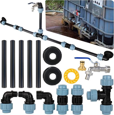 Adapter met flexibele kraan, S60 x 6 afsluitkraan 3/4 inch voor 2 IBC-tanks, regenwatertanks en accessoires, inclusief schroefaansluiting voor 1000 liter regenwateropvangsystemen