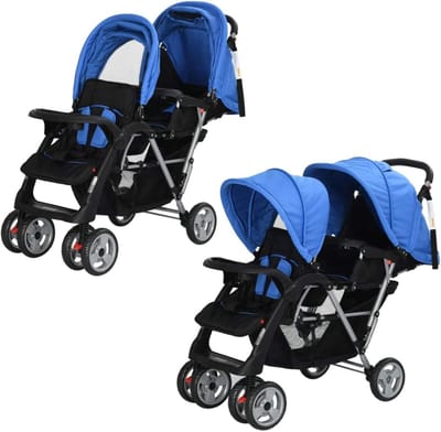 Kinderwagen Duowagen - Tweelingbuggy Tandem - Wandelen Met Twee - Opvouwbaar Ontwerp - 122.5 cm Lengte - Blauw Zwart