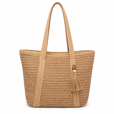 Strandtas Dames - Gevlochten Shopper met Ritssluiting - Grote Strandtas - Binnenvak - Bruin